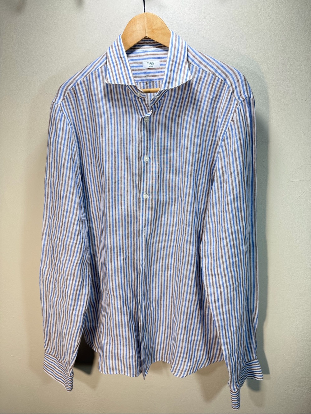 VB Miami Made in Italy  Blue and Brown Striped Casual Button-Down Shirt